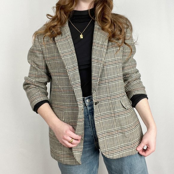 Vintage Oversized Houndstooth Plaid Wool Knit Blazer Jacket Coat Preppy Academia - Picture 4 of 8